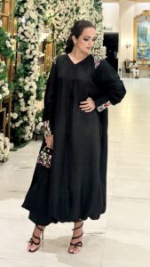 Spiral bloom edition: black balloon kaftan with multicoloured stones 