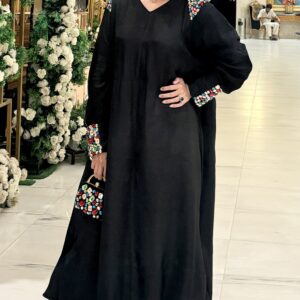 Spiral bloom edition: black balloon kaftan with multicoloured stones